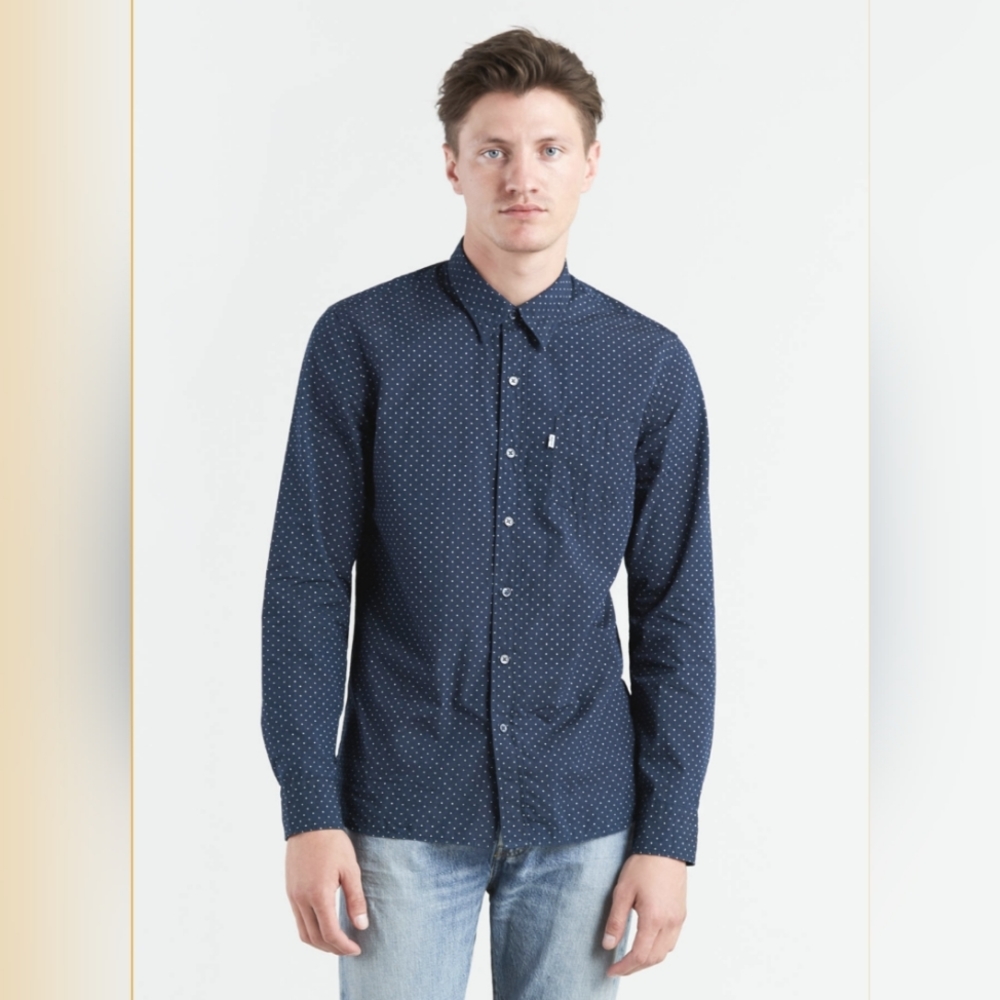 Levi's Sunset one pocket shirt, navy blue white polka dot, size M